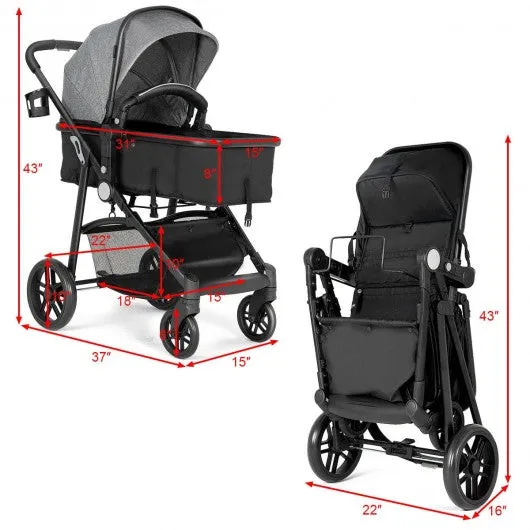 2-in-1 Foldable Pushchair Newborn Infant Baby Stroller-Gray