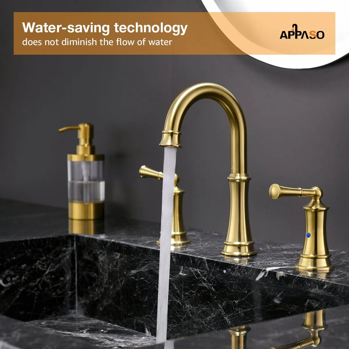 APPASO 3-Hole Bathroom Sink Faucet with Pop Up Drain Assembly and Soap Dispenser Gold 122BTG