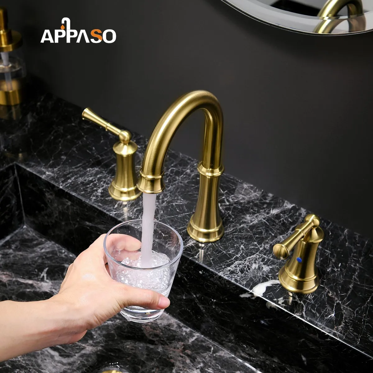 APPASO 3-Hole Bathroom Sink Faucet with Pop Up Drain Assembly and Soap Dispenser Gold 122BTG