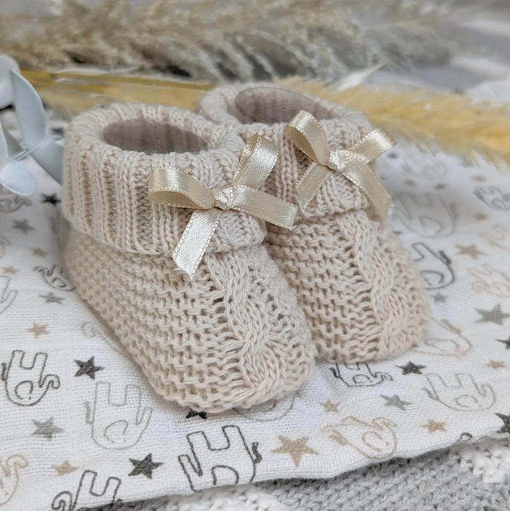 Baby Knit Booties Taupe With Bow 0-6 Months