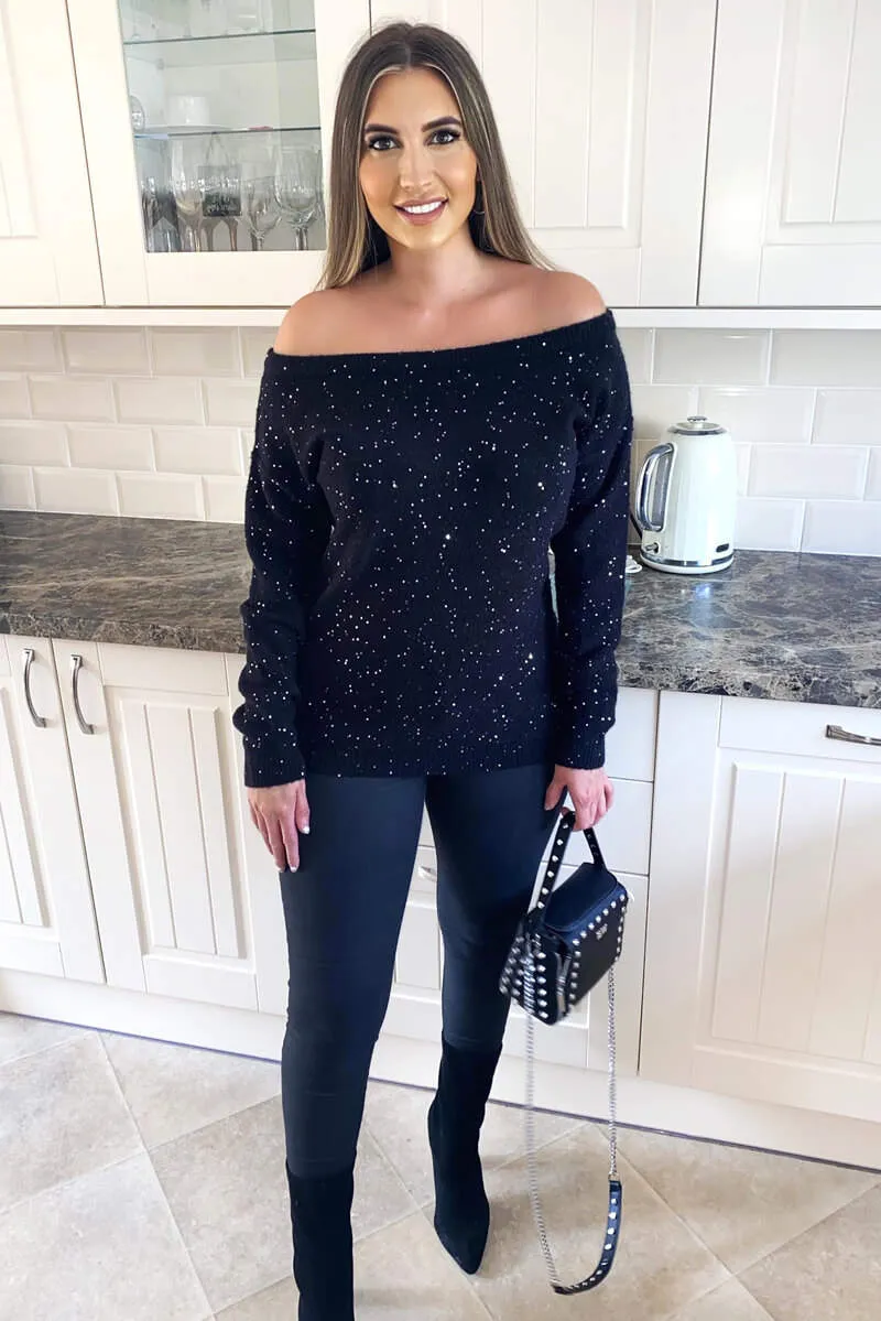 Black Sequin Off The Shoulder Knit Jumper