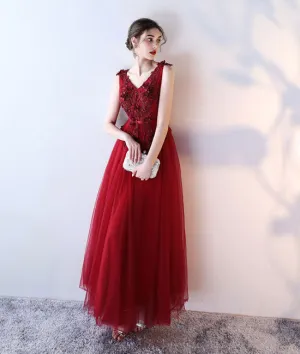Burgundy v neck tulle lace applique long prom dress, burgundy evening dress