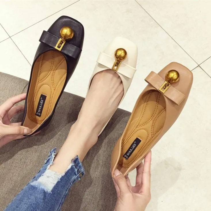 Casual British Style Metal Buckle Square Toe Flat Loafers