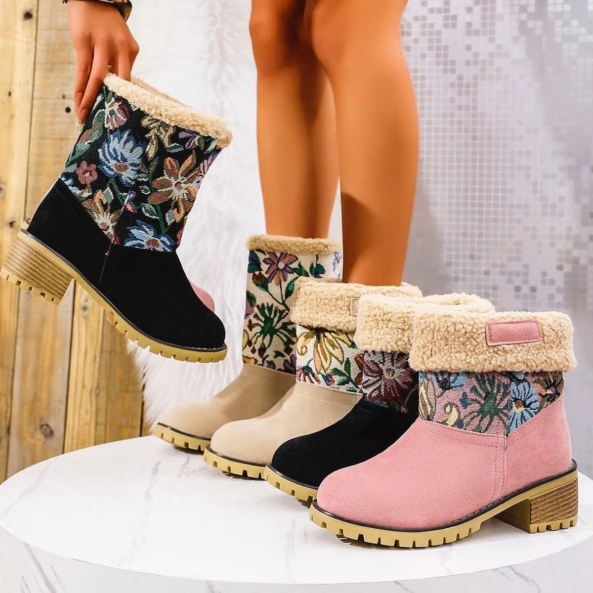 Floral Embroidered Winter Snow Boots – Ethnic Style with Warm Plush Lining