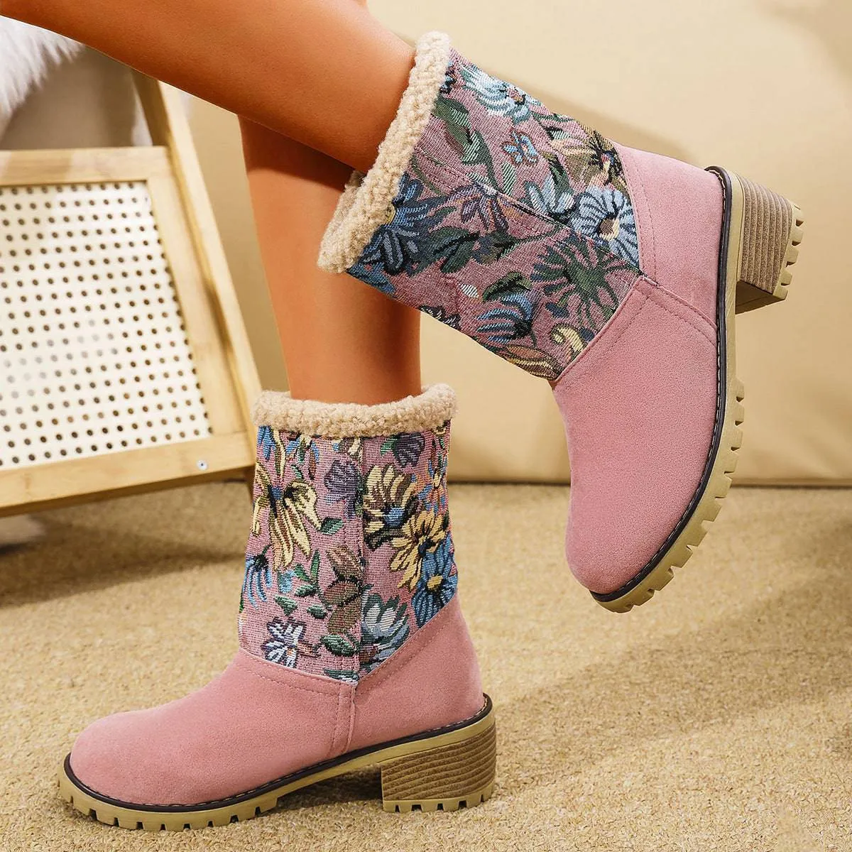 Floral Embroidered Winter Snow Boots – Ethnic Style with Warm Plush Lining