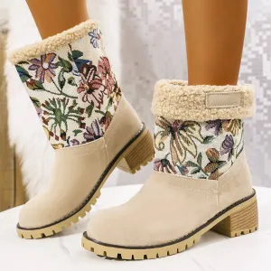 Floral Embroidered Winter Snow Boots – Ethnic Style with Warm Plush Lining