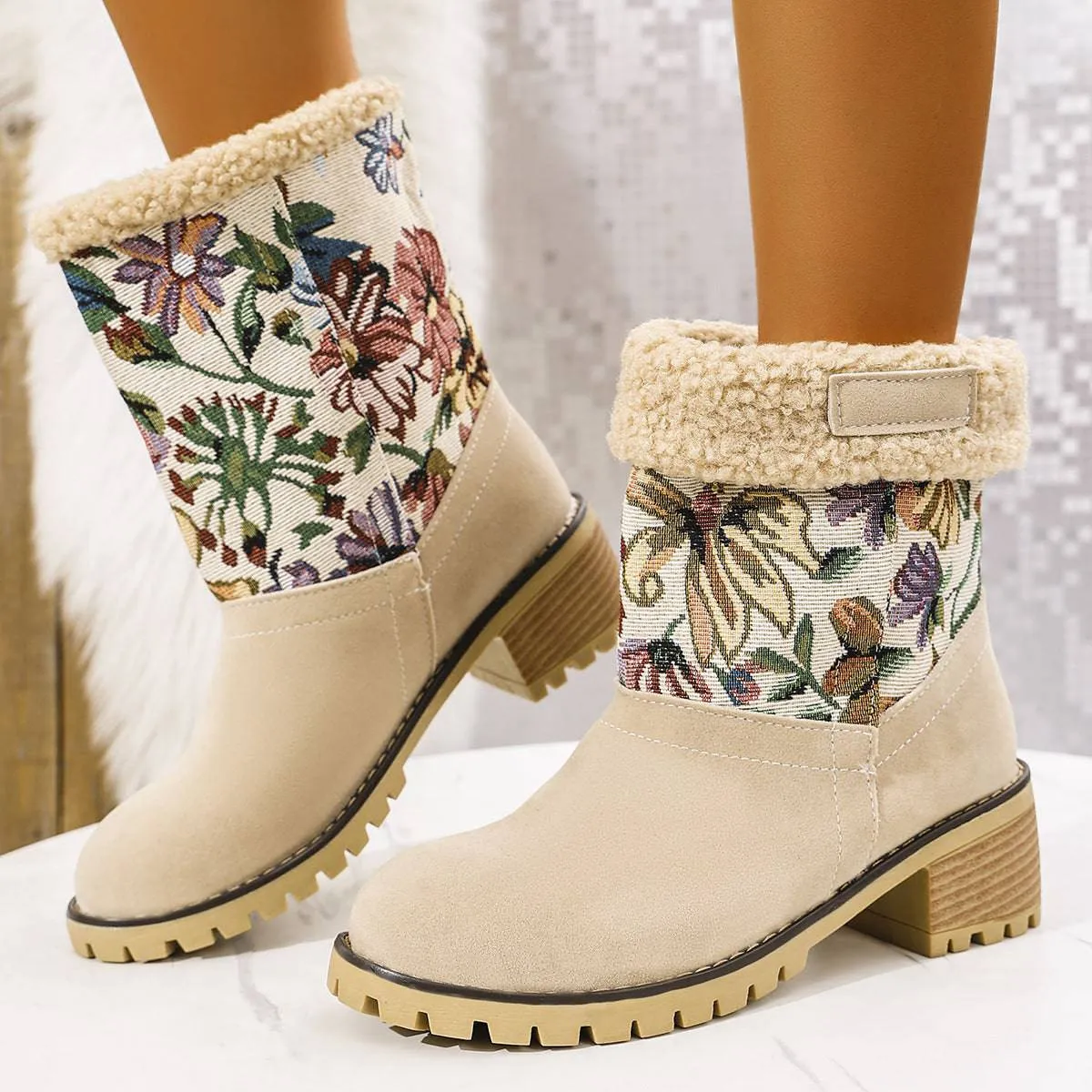Floral Embroidered Winter Snow Boots – Ethnic Style with Warm Plush Lining