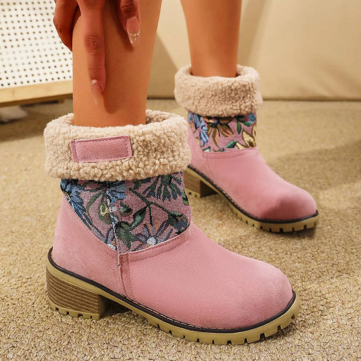 Floral Embroidered Winter Snow Boots – Ethnic Style with Warm Plush Lining