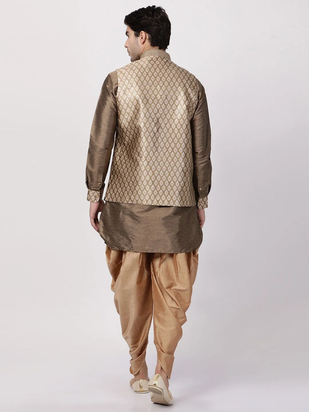 Jashvi Men's Gold Woven Nehru Jacket With Kurta Dhoti Set