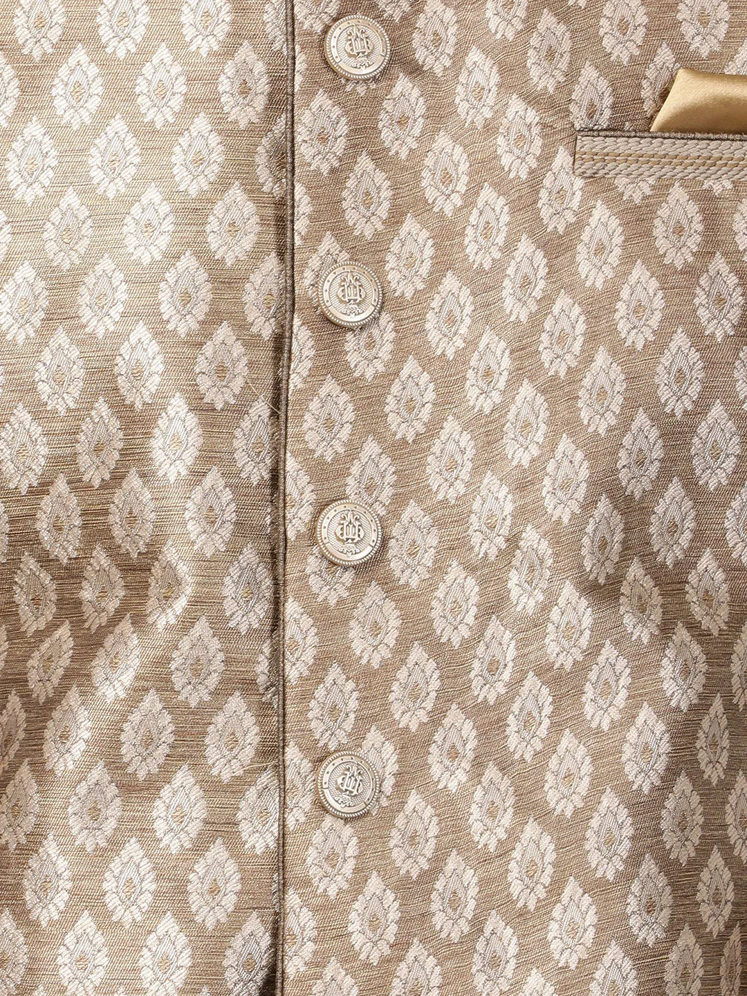 Jashvi Men's Gold Woven Nehru Jacket With Kurta Dhoti Set