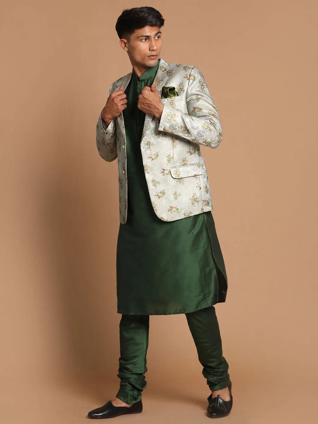 Jashvi Men's Green Silk Blend Woven Blazer And Solid Viscose Kurta With Pajama Set