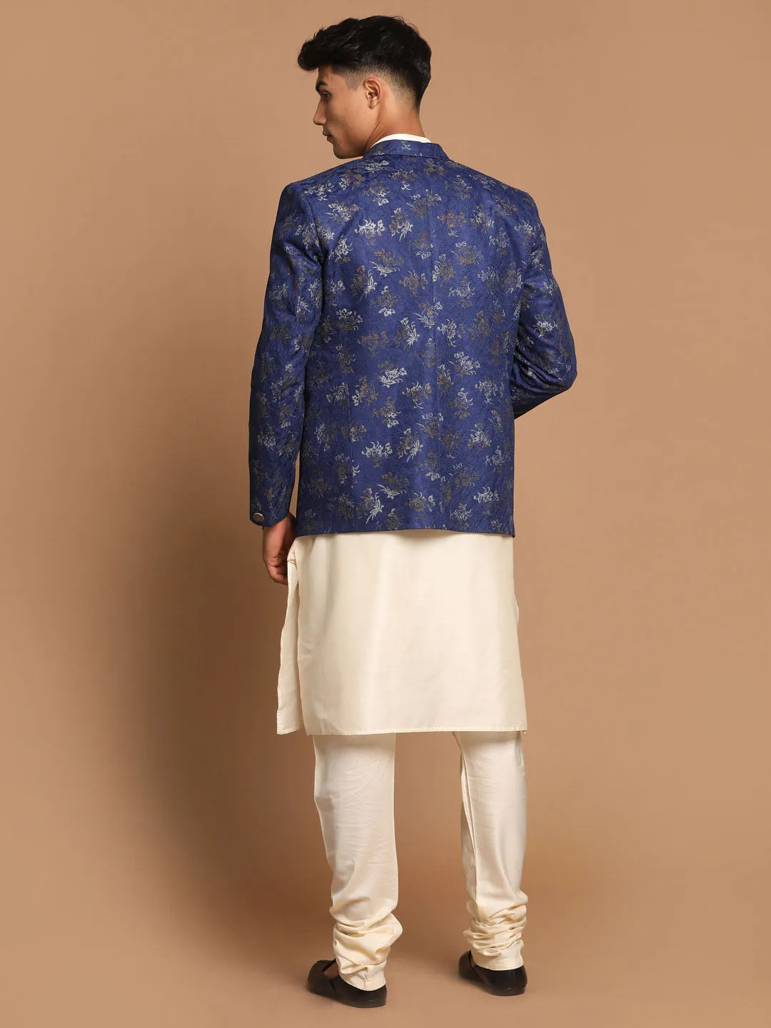 Jashvi Men's Navy Blue Woven Blazer And Cream Solid Kurta With Pajama Set