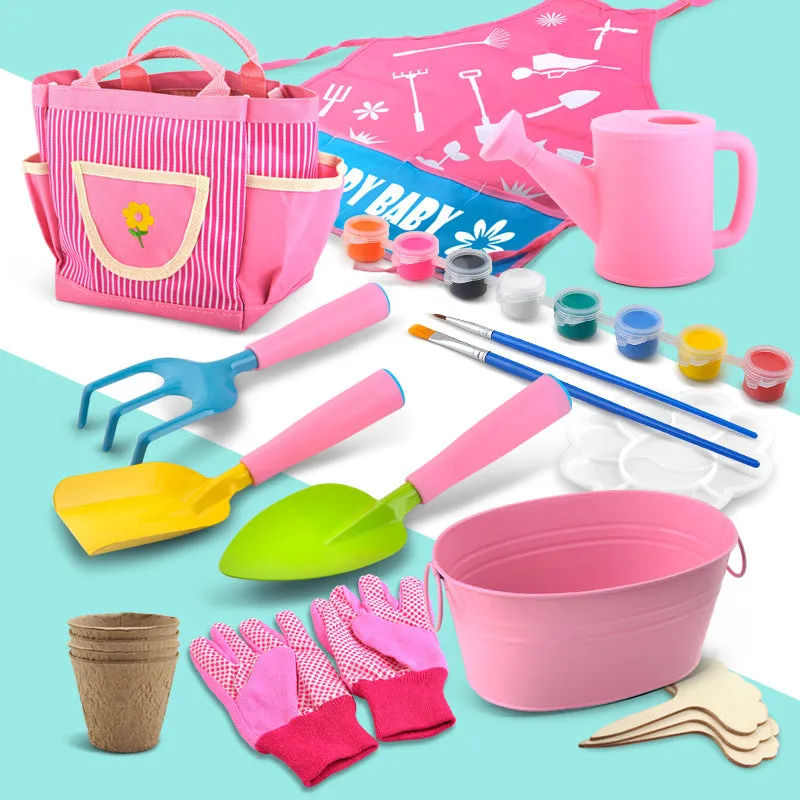 Kids Mini Garden Planting Tool Set with Hand Shovel Rake Watering Can Storage Bag
