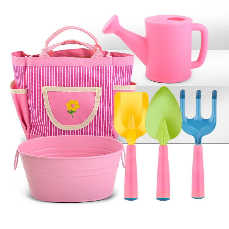 Kids Mini Garden Planting Tool Set with Hand Shovel Rake Watering Can Storage Bag