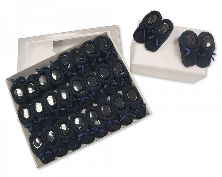 Knitted Baby Booties with Bow- Navy-354n
