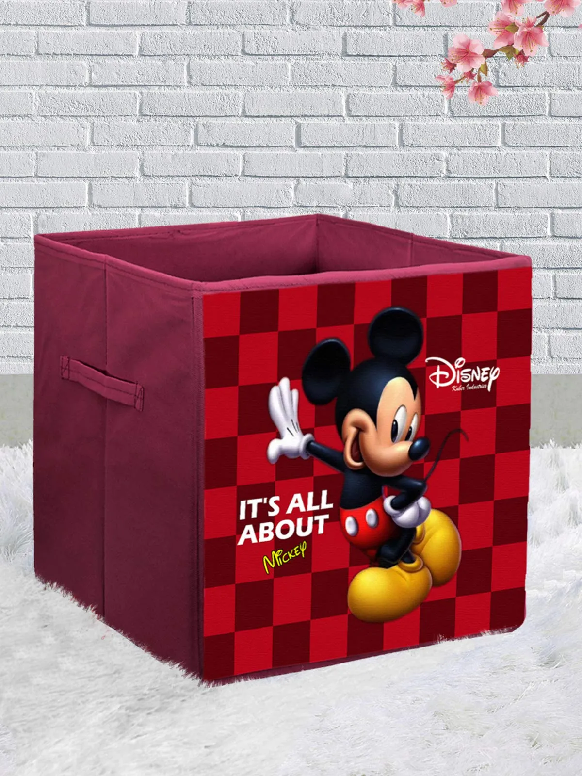 Kuber Industries Disney Mickey Mouse Print Non Woven Fabric Foldable Cube Cloth Toy, Books Storage Box Wardrobe Organiser with Handle (Maroon, Large, 3 Pieces)