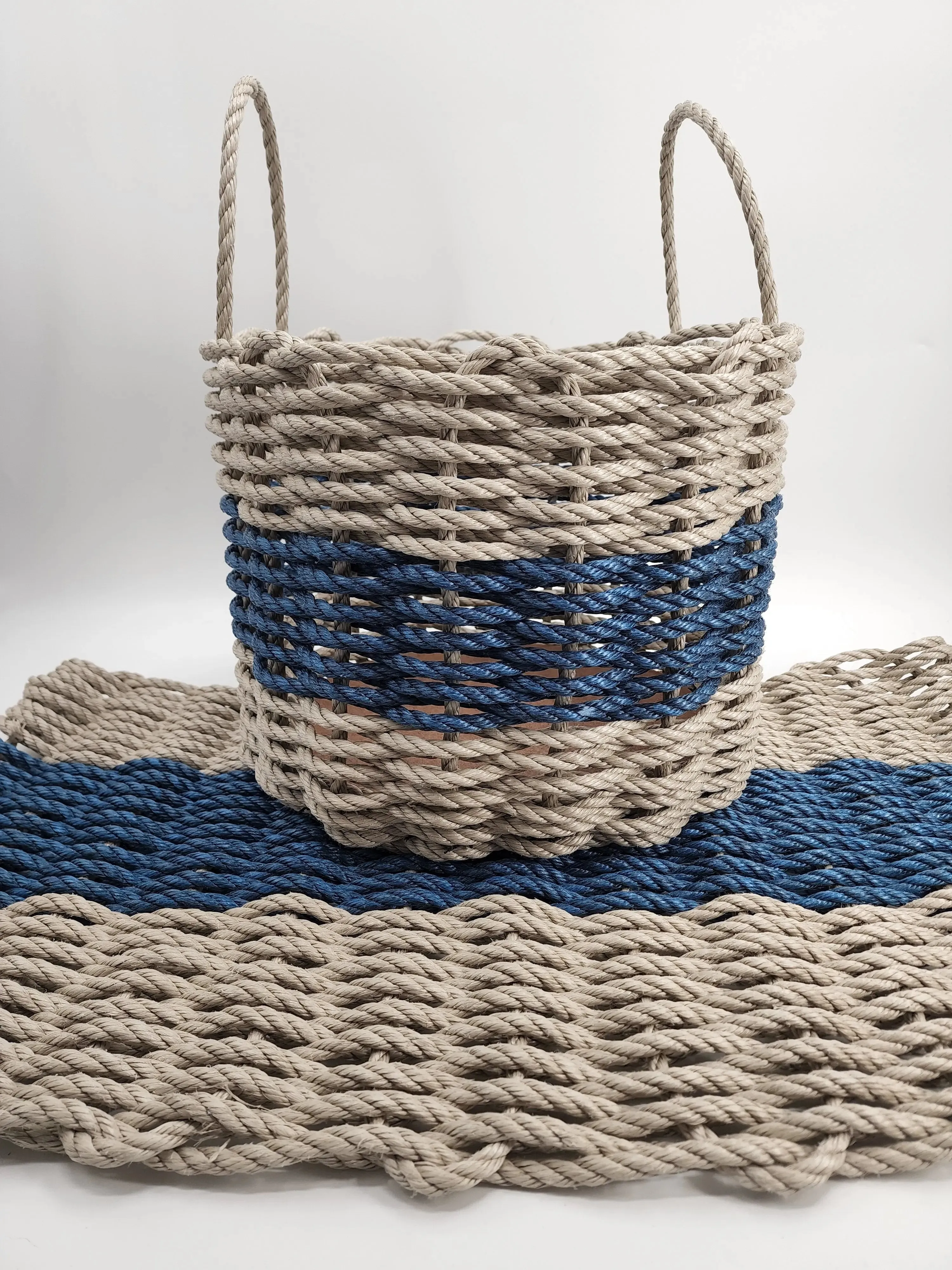 Lobster Rope Mat and Basket matching set Tan and Navy Blue