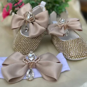 Luxurious Bling Shoes and Headpiece Set - Crown Beige