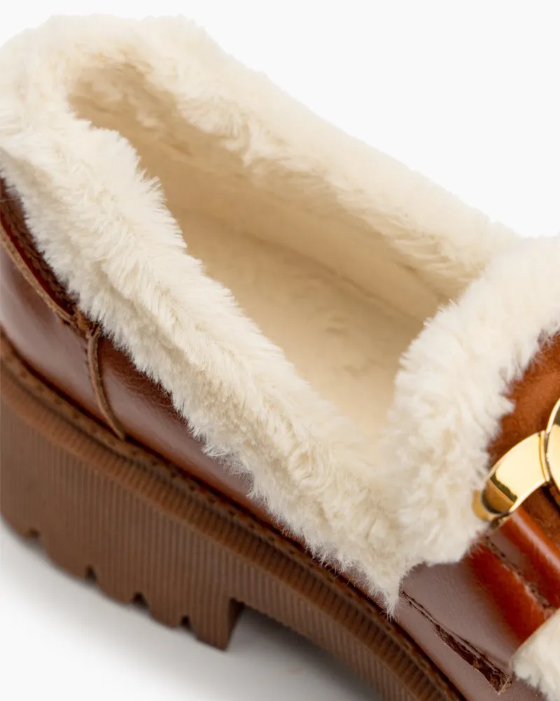 Metal Decor Leather Plush Comfy Loafers