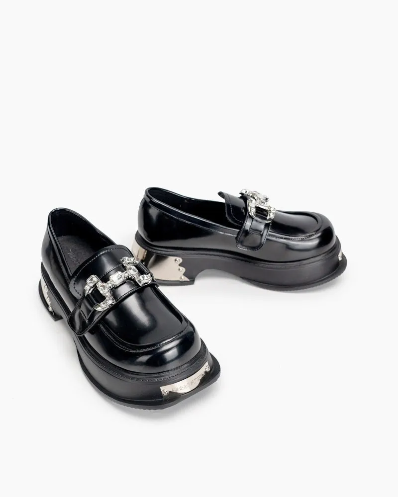 Metal Platform Chunky Loafers with 4 Detachable Velcro Decorations