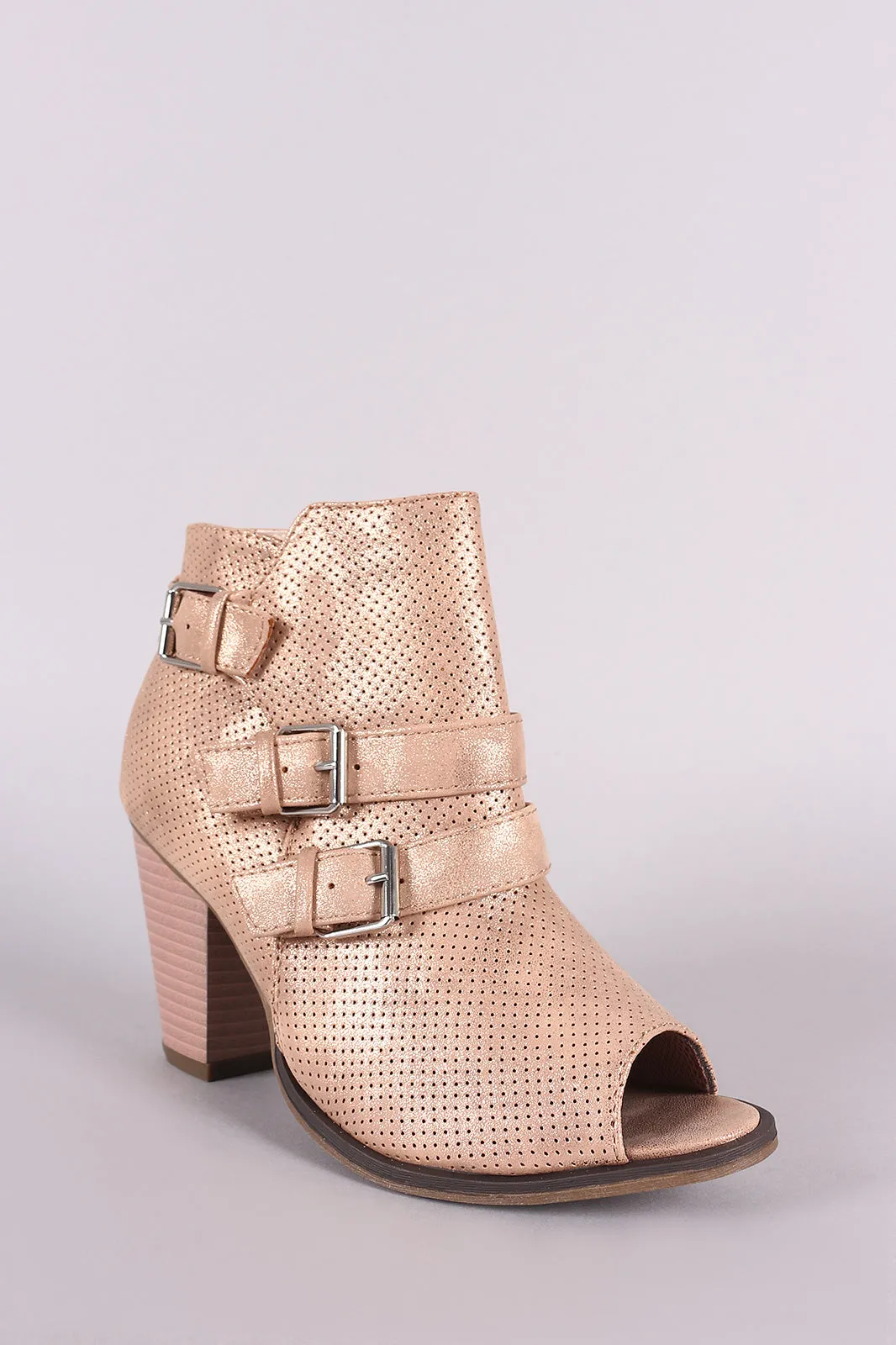 Perforated Triple Buckle Peep Toe Chunky Heeled Booties