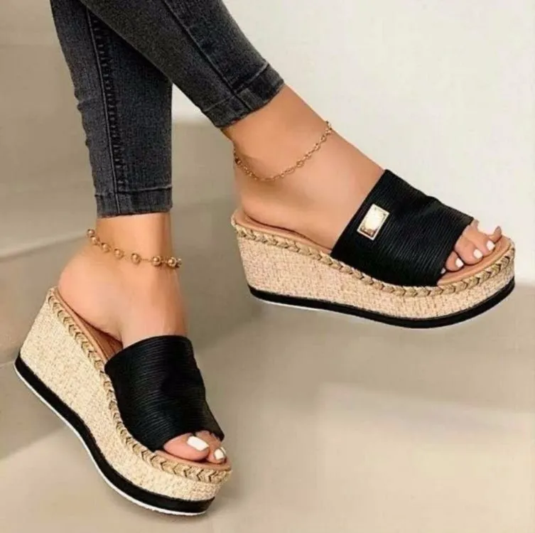 Platform Wedge Slippers Woven Sponge Cake