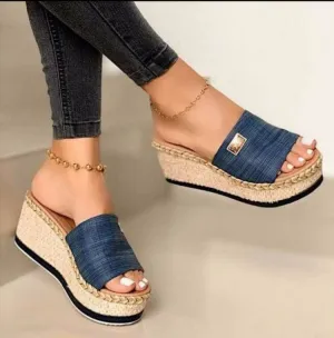 Platform Wedge Slippers Woven Sponge Cake