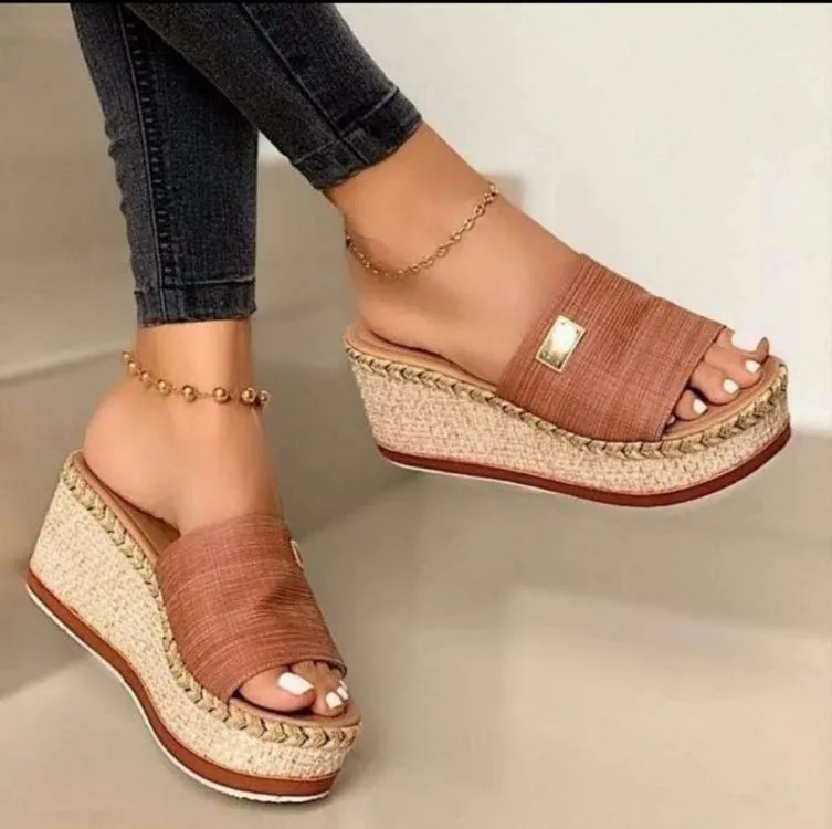 Platform Wedge Slippers Woven Sponge Cake