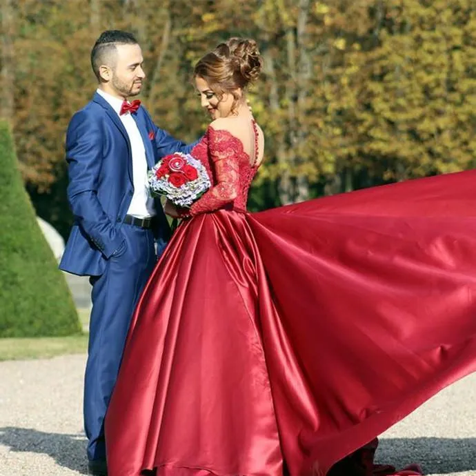 Red Satin Wedding Dress Lace Sleeves with Long Train