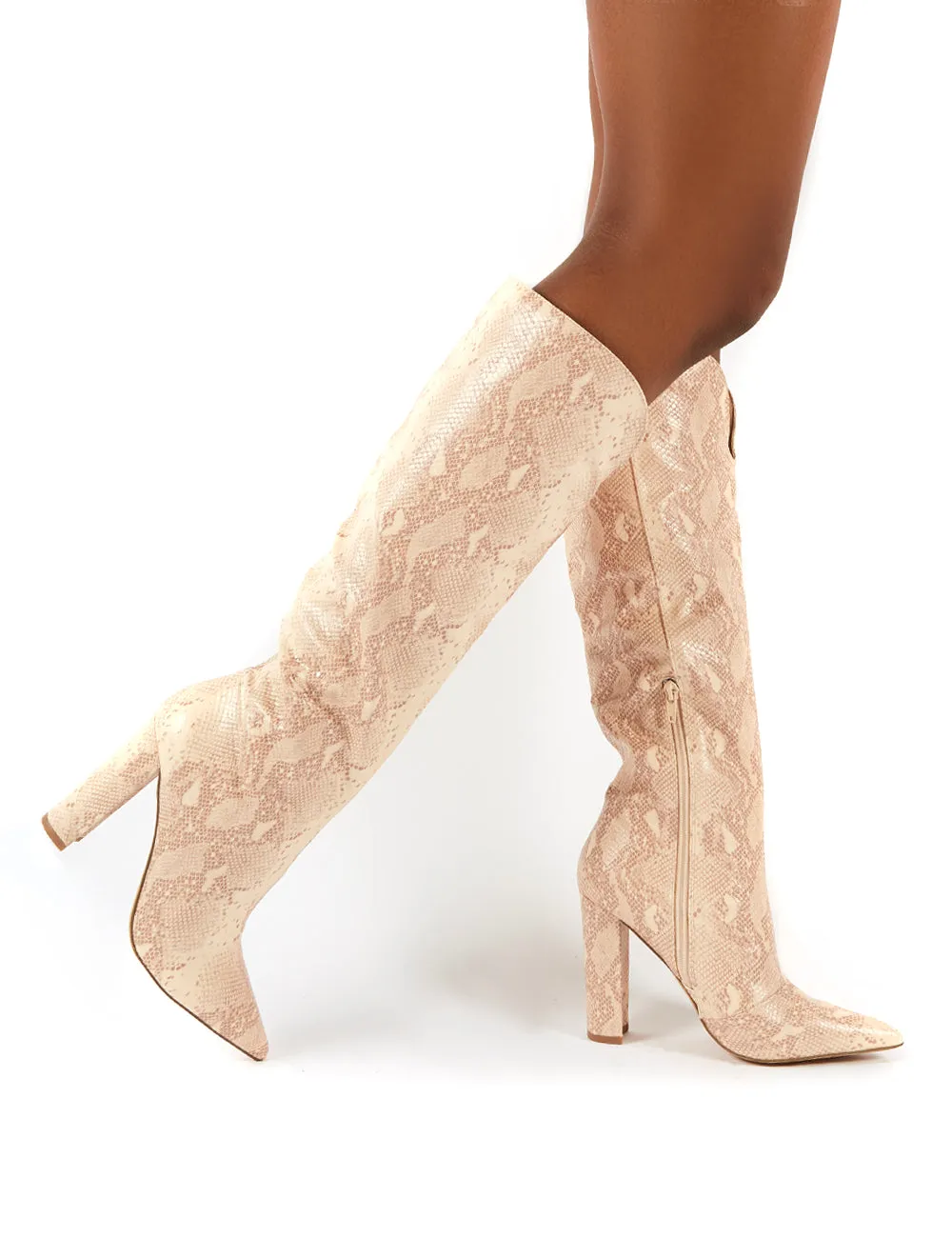 Slow Pink Snake Knee High Block Heel Boots