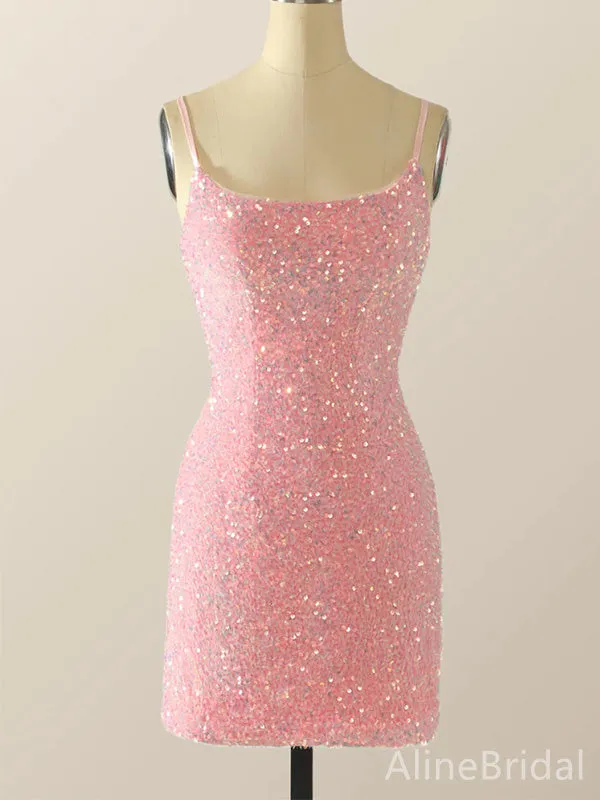 Sparkly Spaghetti Strap A-line Short Mini Homecoming Dress, HD32679