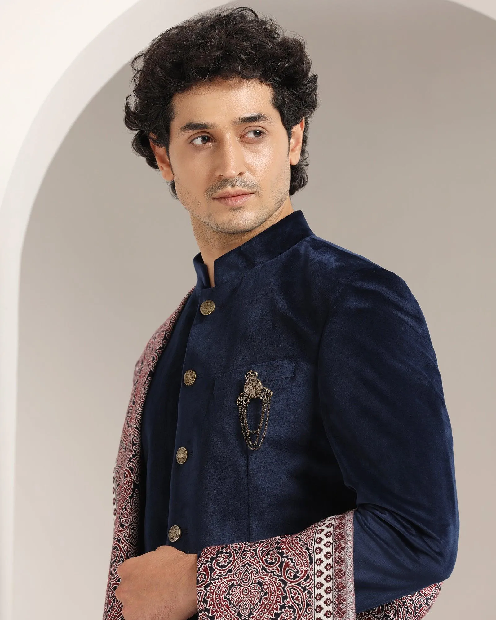 Swarn Two Piece Navy Solid Achkan Set - Veltos