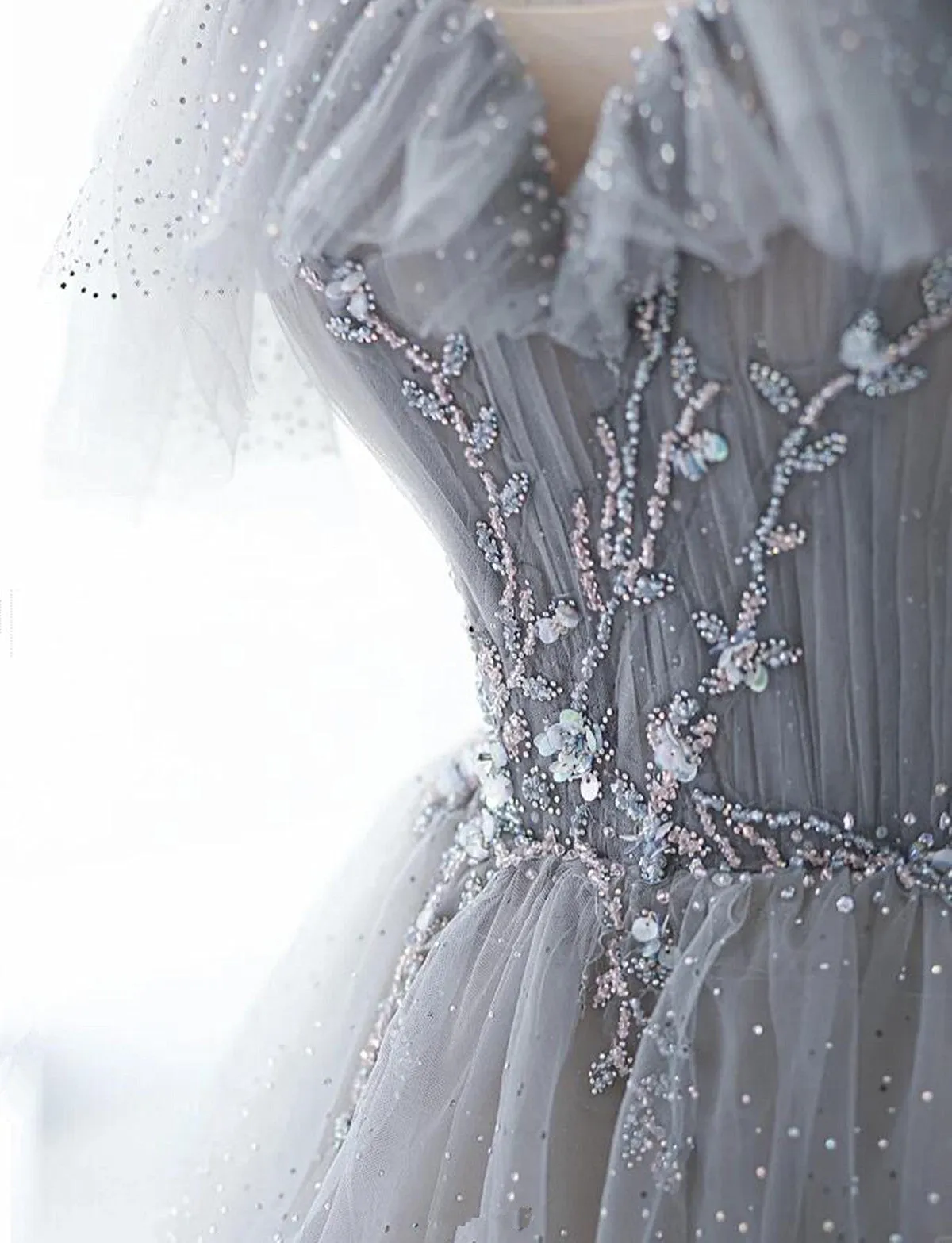 Uniwim Chic Grey Beaded Layers Tulle Long Formal Dress, Grey Off Shoulder Prom Dress