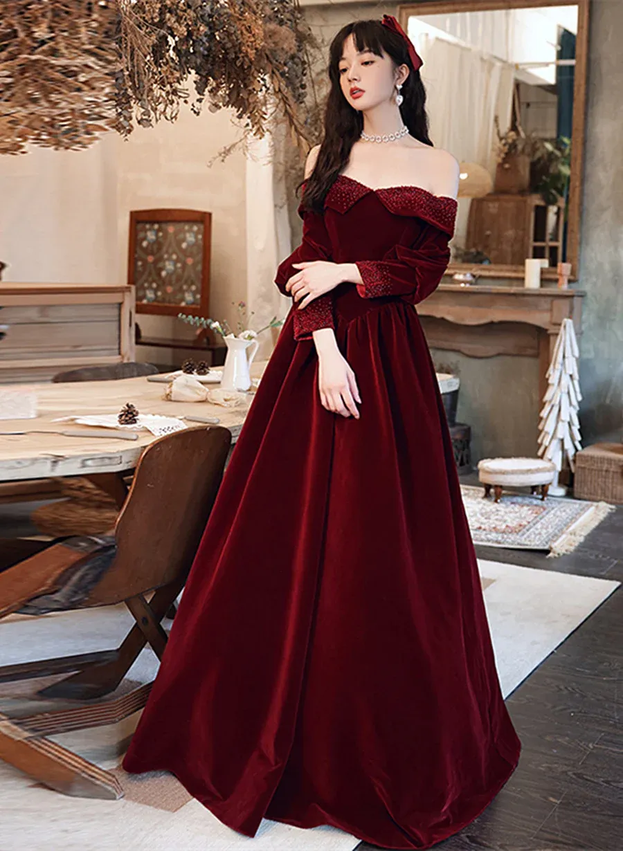 Uniwim Wine Red Beaded Puffy Sleeves Long Formal Dress, Wine Red Velvet A-line Party Dress