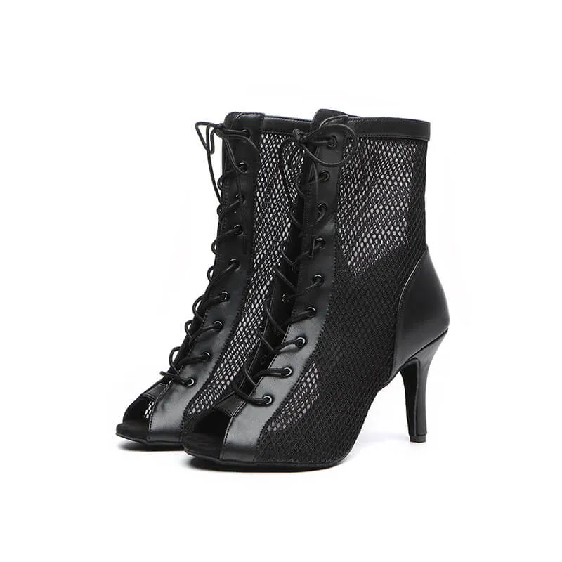 Womens Mesh Panel Lace-Up Front Heeled Dance Boots