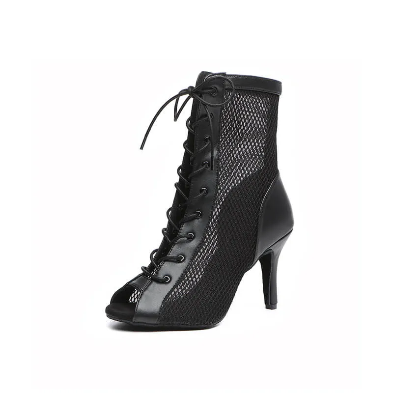 Womens Mesh Panel Lace-Up Front Heeled Dance Boots