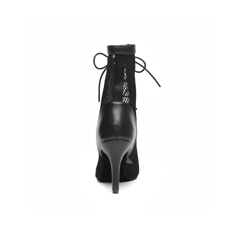 Womens Mesh Panel Lace-Up Front Heeled Dance Boots