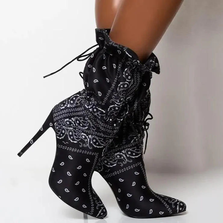 Women's sexy stiletto heeled printed mid calf boots